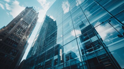 Fototapeta premium City skyline reflected in a glass building