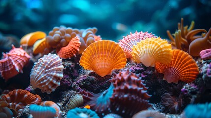 Obraz premium Close-up of colorful seashells and coral underwater