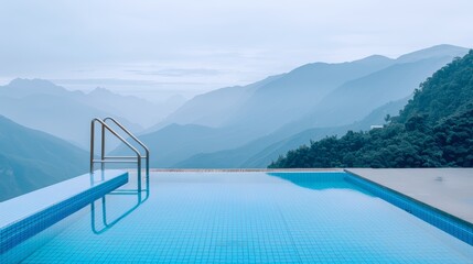 Mountain retreat resort, infinity pool with mountain views, high-resolution, fresh and rejuvenating