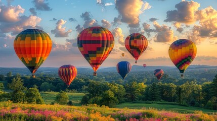 Naklejka premium Colorful hot air balloons floating against a clear sky