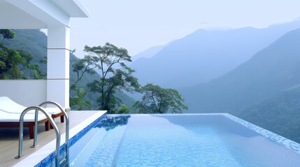 Mountain retreat resort, infinity pool with mountain views, high-resolution, fresh and rejuvenating