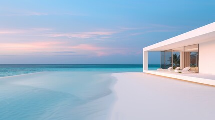 Fototapeta premium Private luxury villa on a beach, pristine white sand, no people, high-resolution, calming and peaceful, modern architecture, soft sunset light