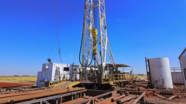 Rusty metal pipes near the tower for drilling oil. Borer attached to a high derrick works rotating. Low angle view.