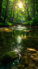 Tranquil Creek Winding Through Enchanting Forest in Sunlit Wilderness