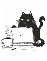 Black cat typing on a laptop with a coffee mug next to it, illustration on white background