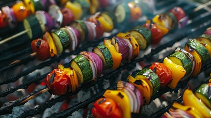 Grilled vegetable skewers on barbecue grill outdoors closeup view