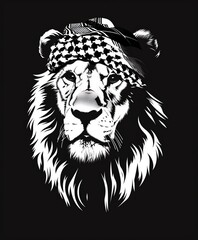Logo a lion wearing a black and white keffiyeh on its head black background
