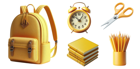 yellow school supplies isolated: backpack, alarm clock, pencils box, books, scissors
