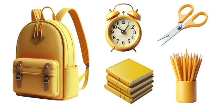 yellow school supplies isolated: backpack,  alarm clock, pencils box, books, scissors