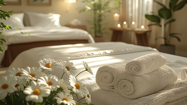 Cozy bedroom with soft lighting, plants, and romantic ambiance featuring neatly arranged bed and towels. Concept of hospitality, relaxation, and comfortable accommodation