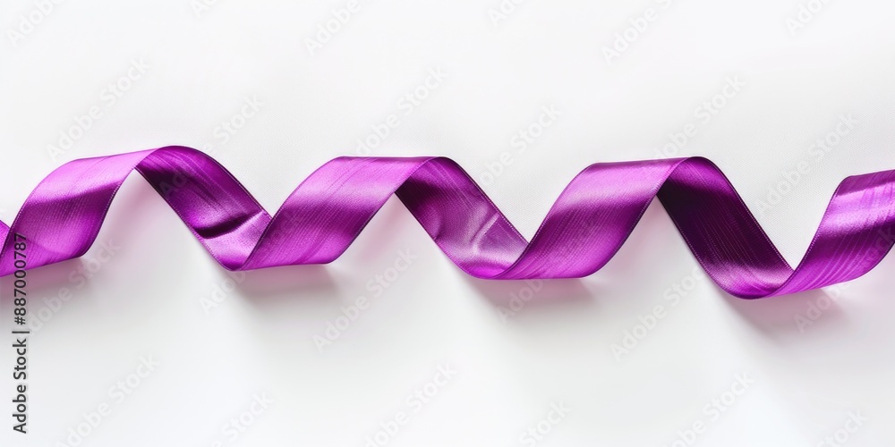 Poster a close-up shot of a purple ribbon against a white background, perfect for highlighting small detail