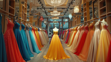 Elegant white long formal dresses for sale in luxury modern shop boutique