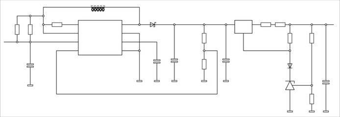 Schematic diagram of electronic device on sheet of paper. Vector template of drawing electrical circuit with 
resistor, integrated circuit, capacitor, controller, diode,
coil, other components.