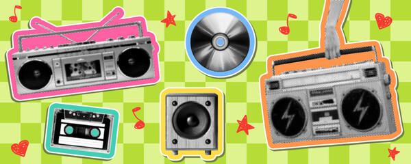 retro music collection set with vintage boombox shiny compact disc cassette tape speaker hand holding recorder on green checkered background halftone collage cut-out elements retro technology poster