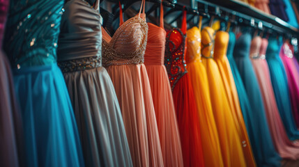 Elegant white long formal dresses for sale in luxury modern shop boutique