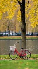 Fototapeta premium A red bicycle with a basket is parked near a tree trunk in a park during the autumn season, surrounded by fallen leaves and green grass