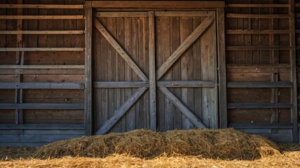 Naklejka premium Rustic wooden barn with weathered hay bales against a clear blue sky, nestled in a sprawling rural landscape