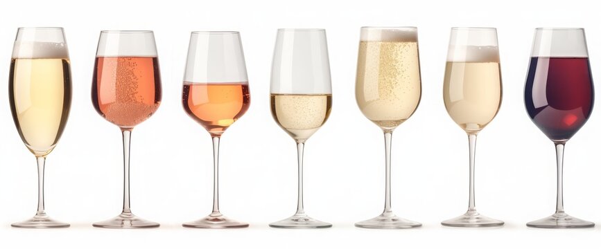 Collection set of red white ros&eacute; rose champagne wine glass goblet on transparent background cutout, PNG file. Mockup template for artwork graphic design
