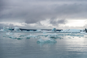 Stranded Icebergs broken off from glacier field floating around in Jokulsarlon in Iceland