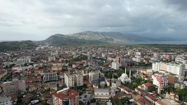 Skadar historical city with surrounding mountains and Skadar lake,Shkoder,Albania,Balkan,Europe,aerial panorama landscape view, cityscape