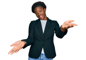 Young african american girl wearing business clothes smiling cheerful offering hands giving assistance and acceptance.