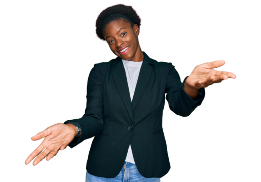 Young african american girl wearing business clothes smiling cheerful offering hands giving assistance and acceptance.