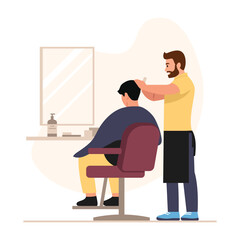 Vector illustration of a man in a barber shop. Cartoon scene of a hairdresser making a haircut for a client, a big mirror, a jar with a dispenser, a hairbrush, a chair isolated on a white background.