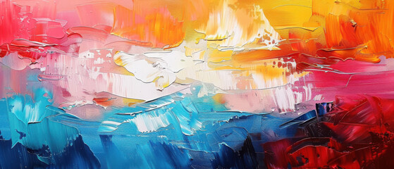 Abstract colorful oil painting on canvas. Oil paint texture with brush and palette knife strokes. Multi colored wallpaper. Macro close up acrylic background. Modern art concept. Horizontal fragment.