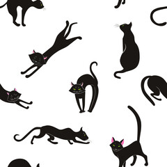 Black cats in various poses. Seamless pattern for wallpaper, fabric, wrapping paper.
