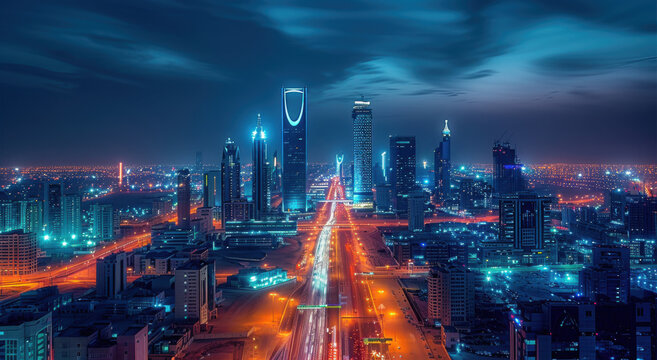 During the blue hour, the KAFD buildings in Riyadh, Saudi Arabia, stand out