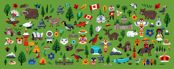 Canada vector travel symbols set. Collection of national canadian icons. Set of design elements in a hand-drawn style. Tourism. Children's doodle illustration for concept art