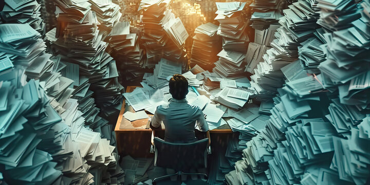 The Labyrinth of Bureaucracy: A complex network of paperwork, spread across a massive desk.