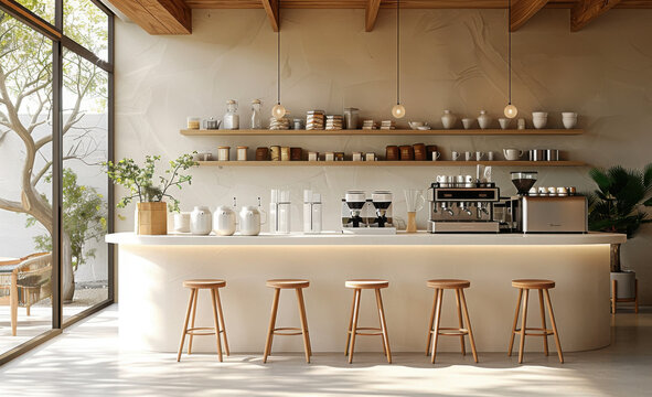 Minimal interior design of cafe or coffee cafe bar shop in clean minimalist style, decorated with warm tone, relaxing tones with glossy ivory white round corner counter and coffee machinery.