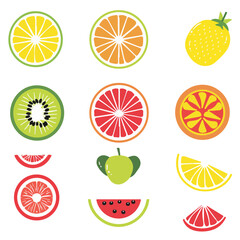 Sliced ​​fruits and berries in circles, Set of colorful fruits isolated on white, vector illustration. Set of round summer fruit slices, Lime and lemon icon vector, flat slice orange citrus, 