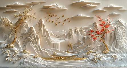 Volumetric stucco molding on a concrete wall with golden elements, Japanese landscape, waterfall, mountains, sakura.