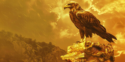 The Gilded Eagle's Nest: An eagle perched atop a golden statue of an ancient statesman, surveying its domain.