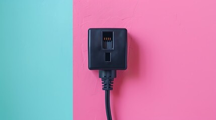 The black plug is plugged into the power lines on pink and aqua background