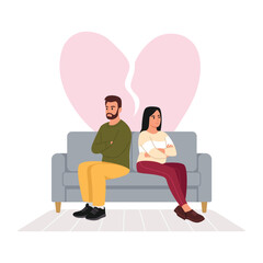 Vector illustration of family disorder. Cartoon scene of a man and a woman sitting on a couch,turned away from each other,a broken heart isolated on a white background. The love in the family is gone.