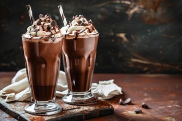 Two glasses of chocolate milkshake topped with whipped cream and chocolate chips.