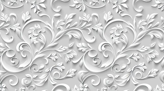Fototapeta A close-up of a white, 3D floral pattern with swirling vines and intricate details SEAMLESS PATTERN