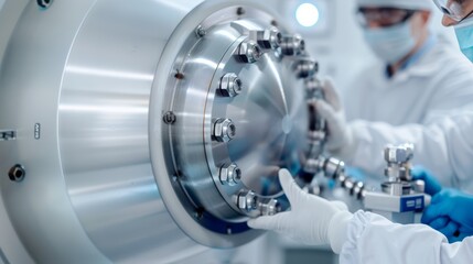 Tack-sharp shot of a fusion reactor prototype, cutting-edge energy concept, scientists at work, high-resolution photo, realistic photo, cinematography