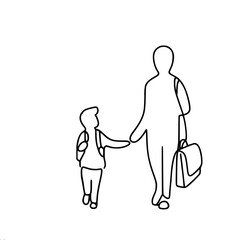 Fototapeta premium single line vector drawing of an adult and a child walking hand in hand to school with a bag and backpack