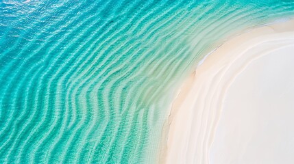 Obraz premium Ultra-sharp drone shot of a pristine beach, turquoise waters, white sand patterns, high-resolution photo, realistic photo, cinematography