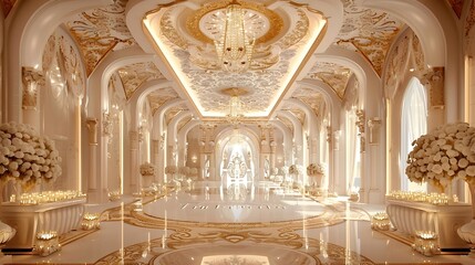 Fototapeta premium The white golden wedding decorations on the ceiling and wall to make the room more luxury and beautiful