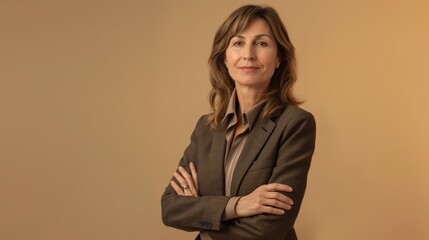 Professional MiddleAged French Businesswoman in Brown Suit Posing with Confidence for Corporate Portrait