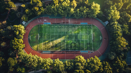 drone shot football stadium with artificial turf, grass athletics track