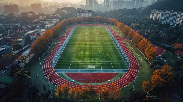 drone shot football stadium with artificial turf, grass athletics track
