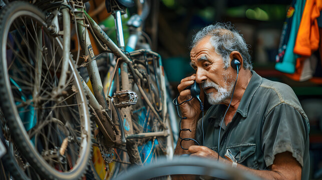 a bicycle mechanic who is talking on the phone