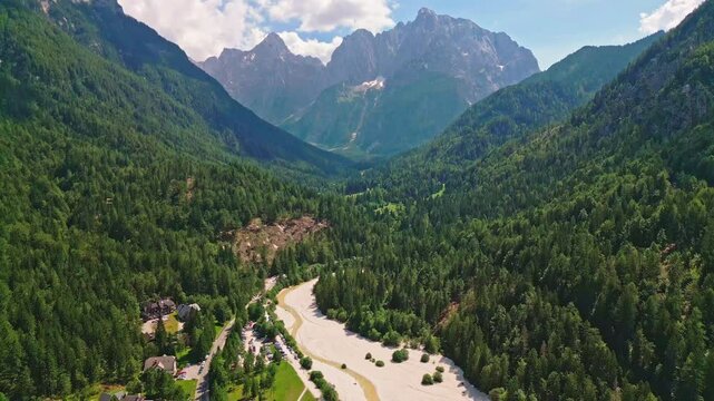 Drone view of Kranjska Gora and lake Jasna in Slovenia. Landscape of Julian Alps