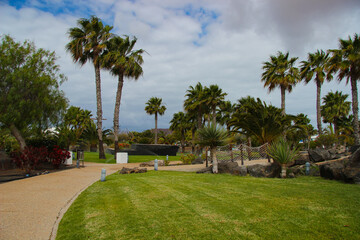 Egzotyczny ogród z palmami, niebieskie niebo z chmurami, krajobraz wyspy Lanzarote, tapeta, tło © anettastar